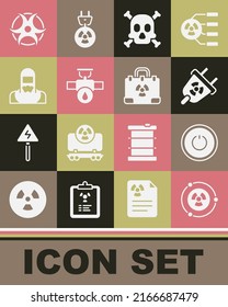 Set Radioactive, Power button, Radiation electrical plug, Bones and skull warning, Industry pipe valve, Nuclear reactor worker, Biohazard symbol and nuclear suitcase icon. Vector