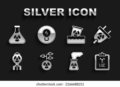 Set Radioactive, Radiation electrical plug, warning document, Nuclear power plant, bomb, waste barrel, Test tube radiation and Light bulb with concept of idea icon. Vector