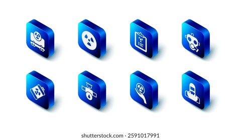 Set Radioactive, Radiation warning document, Gas mask, Nuclear reactor worker, Industry pipe and valve, energy battery and cargo train icon. Vector