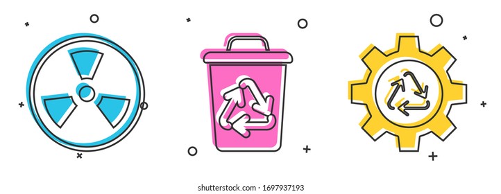 Set Radioactive, Recycle bin with recycle symbol and Recycle symbol and gear icon. Vector