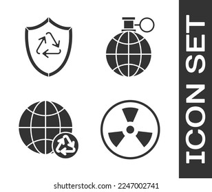 Radioaktives, Recycling-Symbol im Schild, Planet Erde und ein Recycling und Planet Erde und ein Recycling-Symbol. Vektorgrafik