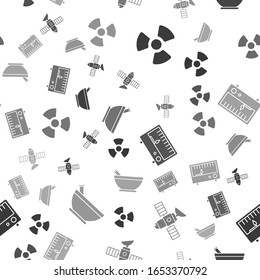 Set Radioactive, Satellite, Electrical measuring instruments and Mortar and pestle on seamless pattern. Vector