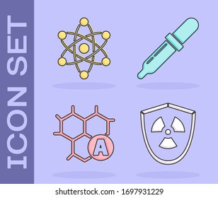 Ajuste Radioactivo en escudo, Atom, Fórmula química e icono de Pipeta. Vector