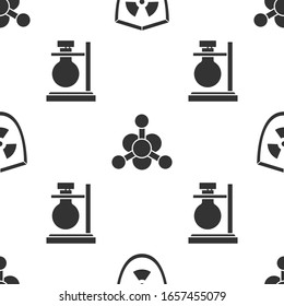 Set Radioactive in shield, Bacteria and Test tube flask on stand on seamless pattern. Vector