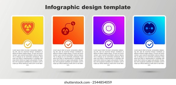 Definir Radioativo em escudo, troca de energia, botão de energia e tomada elétrica. Modelo de infográfico comercial. Vetor