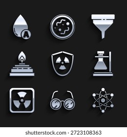 Set Radioactive in shield, Laboratory glasses, Atom, Test tube flask on stand, Alcohol spirit burner, Funnel filter and Water drop icon. Vector