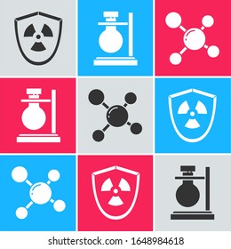 Set Radioactive in shield, Test tube flask on stand and Molecule icon. Vector
