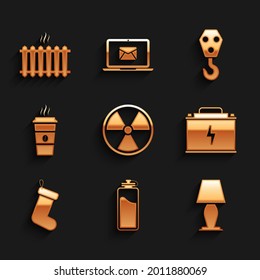 Set Radioactive, Sport bottle with water, Table lamp, Car battery, Christmas sock and Coffee cup icon. Vector