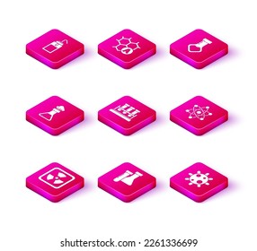 Set Radioactive, Test tube and flask chemical, Bacteria, Atom,  and Chemical formula icon. Vector