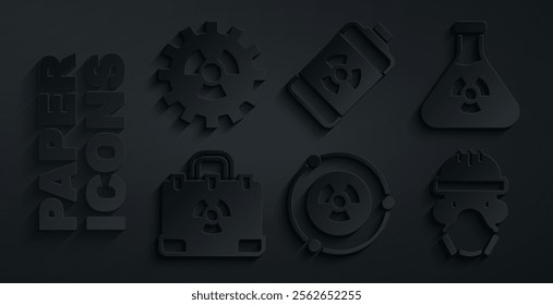 Set Radioactive, Test tube radiation, Radiation nuclear suitcase, Nuclear reactor worker, energy battery and  icon. Vector