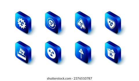 Set Radioactive, Triangle with radiation, in shield, Infectious waste, High voltage sign, barrel and  icon. Vector
