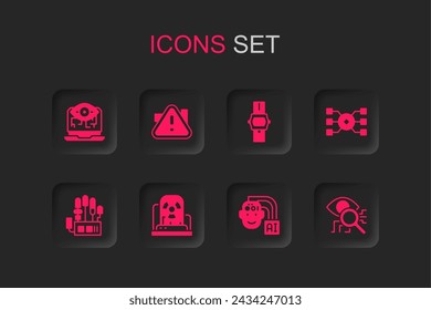 Set Radioaktive Warnlampe, Ausrufezeichen Dreieck, Computer Vision, Humanoider Roboter, Neuronales Netzwerk, Augen-Scan, Armbanduhr und mechanische Hand-Symbol. Vektor