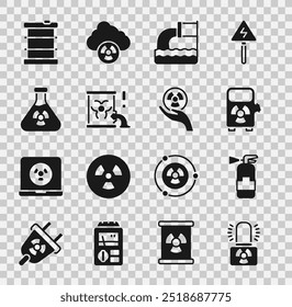 Defina a lâmpada de aviso radioativo, extintor de incêndio, estação de carregamento de carro elétrico, águas residuais, barril de lixo, radiação de tubo de teste e ícone. Vetor