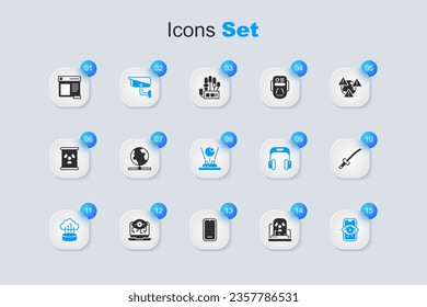 Set Radioactive warning lamp, Global technology, Security camera, Network cloud connection, Computer vision, Katana, Browser window and Hologram icon. Vector