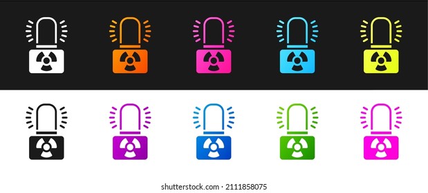 Ajuste el icono de la lámpara de advertencia radiactiva aislado en fondo blanco y negro.  Vector