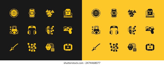 Lámpara de advertencia radioactiva, red neuronal, robot humanoide, auriculares, tierra con signo de exclamación, criptomoneda Bitcoin y el icono de visión por ordenador. Vector