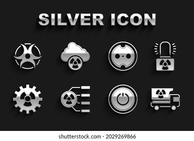 Set Radioactive, warning lamp, Truck with radiation materials, Power button, Electrical outlet, Biohazard symbol and Acid rain and radioactive cloud icon. Vector