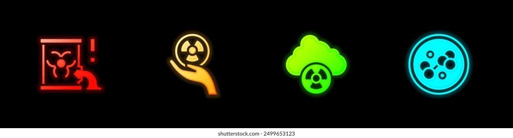 Set Radioactive waste in barrel, , Acid rain and radioactive cloud and Molecule icon. Vector