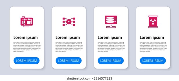 Set Radioactive waste in barrel, Cloud database, Neural network and Motherboard. Business infographic template. Vector