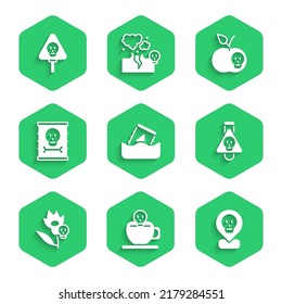 Set Radioactive waste in barrel, Coffee cup with skull, location, Bottle potion, Poison flower, apple and Bones and icon. Vector