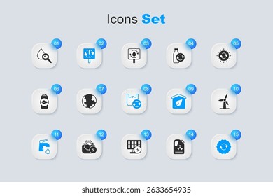 Set Radioactive waste in barrel, Earth globe, Recycle symbol, Water tap, Wind turbine, Drop and magnifying glass and Shopping bag with recycle icon. Vector