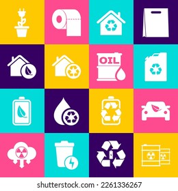 Set Radioactive waste in barrel, Eco car drive with leaf, fuel canister, House recycling, friendly house, Electric saving plug pot and Oil icon. Vector