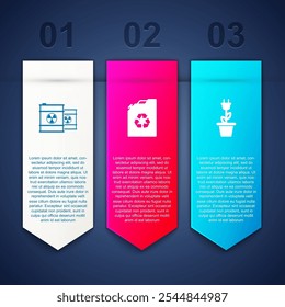 Set Radioactive waste in barrel, Eco fuel canister and Electric saving plug pot. Business infographic template. Vector