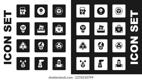 Set Radioactive, waste in barrel, Electric car charging station, Radiation nuclear suitcase, Light bulb with concept of idea, Biohazard symbol and Triangle radiation icon. Vector