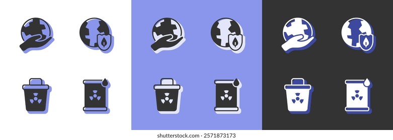 Set Radioactive waste in barrel, Hand holding Earth globe, Infectious and with shield icon. Vector