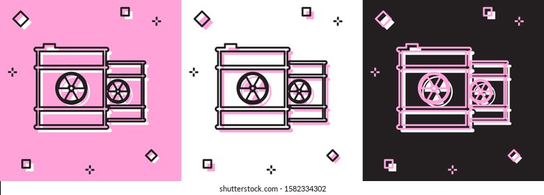 Set Radioactive waste in barrel icon isolated on pink and white, black background. Toxic refuse keg. Radioactive garbage emissions, environmental pollution.  Vector Illustration