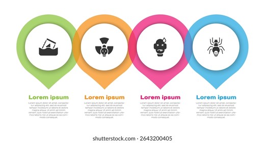 Set Radioactive waste in barrel, Man poisoning and Poisonous spider. Business infographic template. Vector