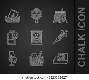 Set Radioactive waste in barrel, Mortar and pestle, Wastewater, Syringe, Poisoned alcohol, Beaker with toxic liquid, Witch cauldron and  icon. Vector