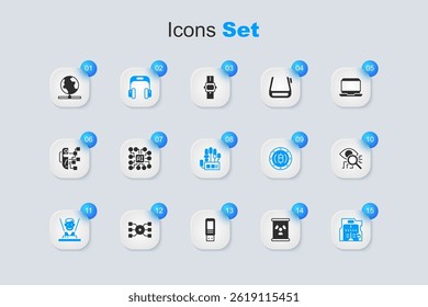 Set Radioactive waste in barrel, Neural network, Headphones, Hologram, Futuristic sliding doors, Eye scan, Global technology and Mechanical robot hand icon. Vector