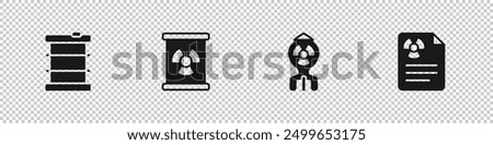 Set Radioactive waste in barrel, , Nuclear bomb and Radiation warning document icon. Vector