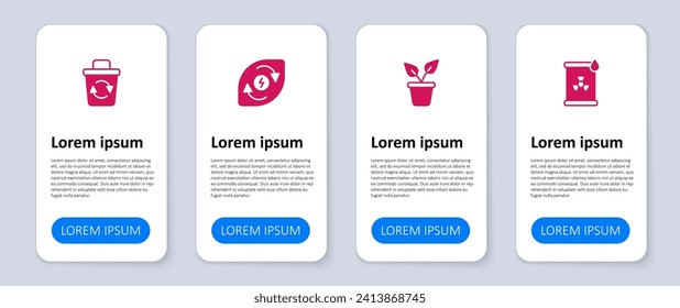 Set Radioactive waste in barrel, Plant pot, Water energy and Recycle bin. Business infographic template. Vector