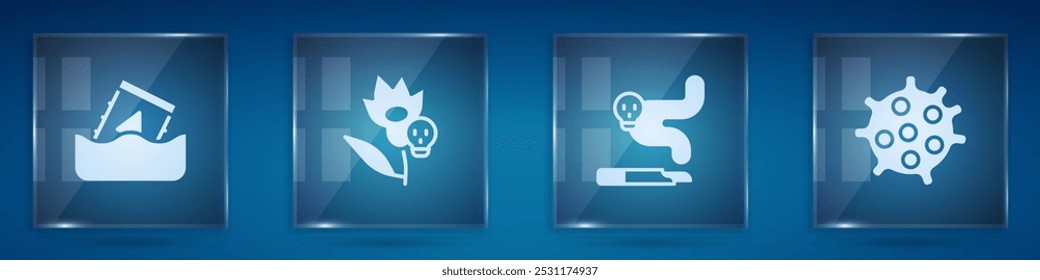 Set Radioactive waste in barrel, Poison flower, Cigarette and Bacteria. Square glass panels. Vector