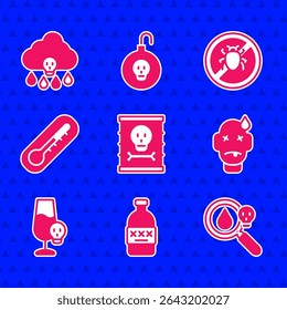 Set Radioactive waste in barrel, Poisoned alcohol, magnifying glass, Man poisoning, Thermometer, Stop colorado beetle and Acid rain icon. Vector