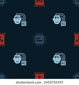 Set Radioactive waste in barrel, Processor CPU and Humanoid robot on seamless pattern. Vector