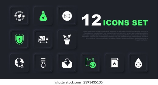Set Radioactive waste in barrel, Recycle clean aqua, Garbage truck, Shopping with recycle, Shield leaf, LED light bulb,  and Iceberg icon. Vector