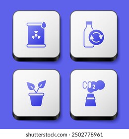 Set Radioactive waste in barrel, Recycling plastic bottle, Plant pot and CO2 emissions cloud icon. White square button. Vector