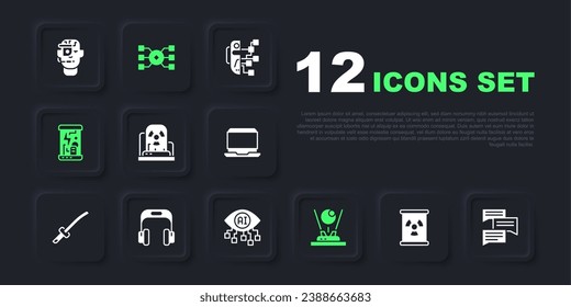 Set Radioactive waste in barrel, Speech bubble chat, warning lamp, Hologram, Cryogenic capsules, Headphones, Neural network and Computer vision icon. Vector