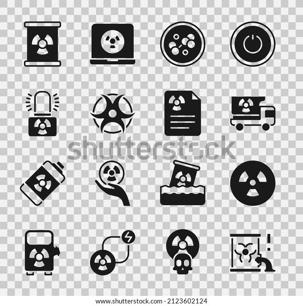 Set Radioactive waste in barrel, Truck with\
radiation materials, Molecule, Biohazard symbol, warning lamp,  and\
Radiation document icon.\
Vector