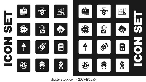 Set Radioactive waste in barrel, warning lamp, Electrical outlet, cargo train, Acid and radioactive cloud, Industry pipe valve, Dosimeter and High voltage sign icon. Vector