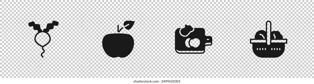 Conjunto de rábano, manzana, tabla de cortar con verduras y cesta e icono de alimentos. Vector