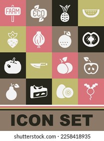 Set Radish, Apple, Tomato, Pineapple, Garlic, Turnip, Location farm and Orange fruit icon. Vector