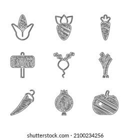 Set Radish, Garlic, Pumpkin, Leek, Hot chili pepper, Location farm, Carrot and Corn icon. Vector