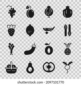 Set Radish, Pineapple, Asparagus, Garlic, Lemon, Strawberry, Grape fruit and Peas icon. Vector