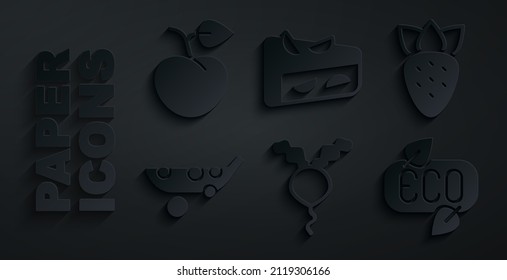 Set Radish, Strawberry, Peas, Leaf Eco symbol, Homemade fruit pie and Peach or nectarine icon. Vector