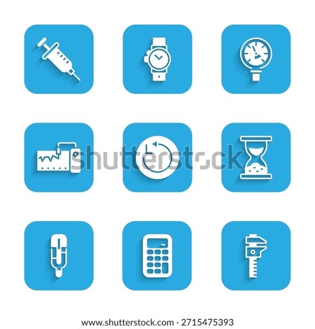Set Radius, Calculator, Calliper caliper and scale, Old hourglass with sand, Medical thermometer, Measuring instrument, Pressure water and Syringe icon. Vector
