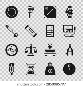 Set Radius, Drawing compass, Multimeter, voltmeter, Diagonal measuring, Construction bubble level, Measuring spoon,  and Calculator icon. Vector